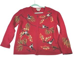 Timberlea Birds on Branch Embroidered Cardigan Sweater Red Ramie Cotton M/M